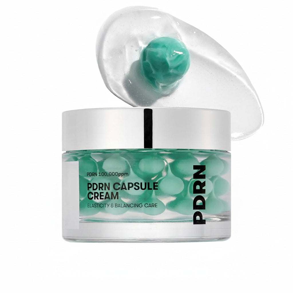 PDRN Capsule Cream jar with green capsules on a white background
