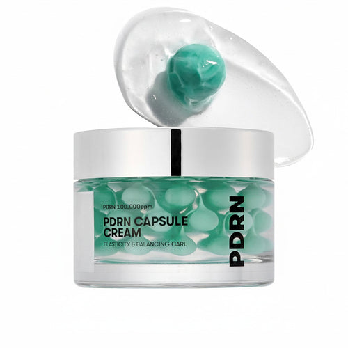PDRN Capsule Cream jar with green capsules on a white background